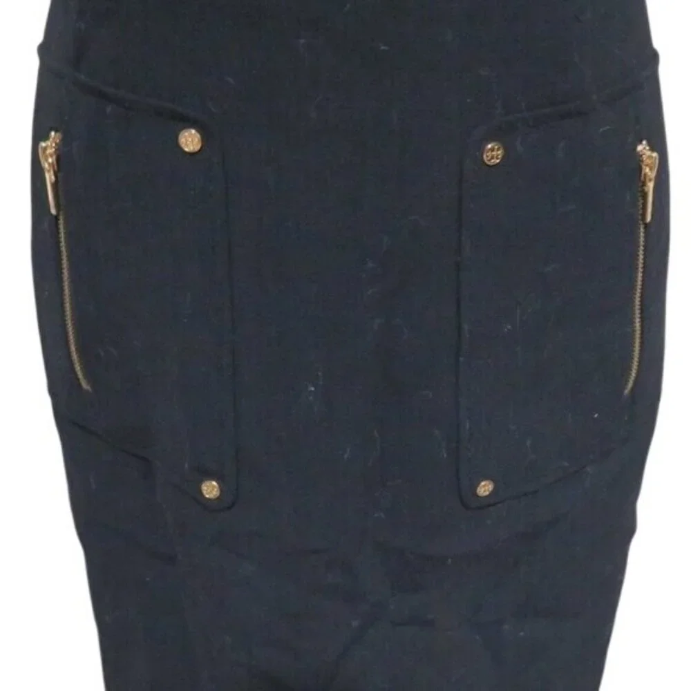 Tory Burch Black Wool Blend Sheath dress slash zipper pockets gold accents sz 4
